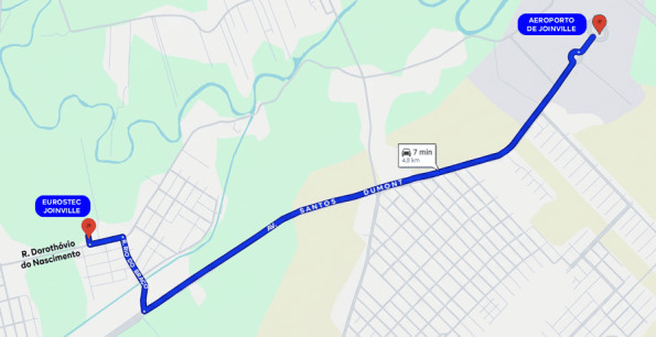 Mapa mostra dist?ncia entre Eurostec e Aeroporto de Joinville (SC).
